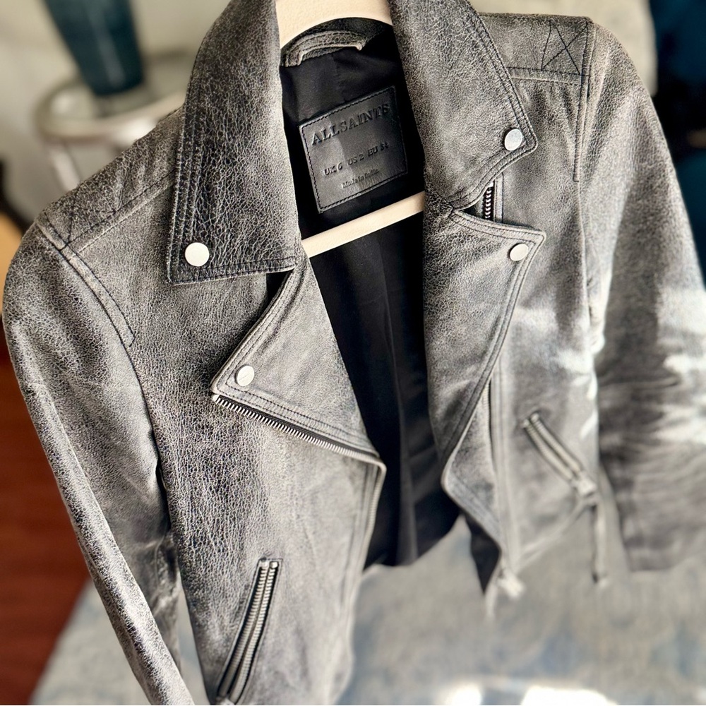 All Saints Distressed Gray 100% lamb Leather Jacket